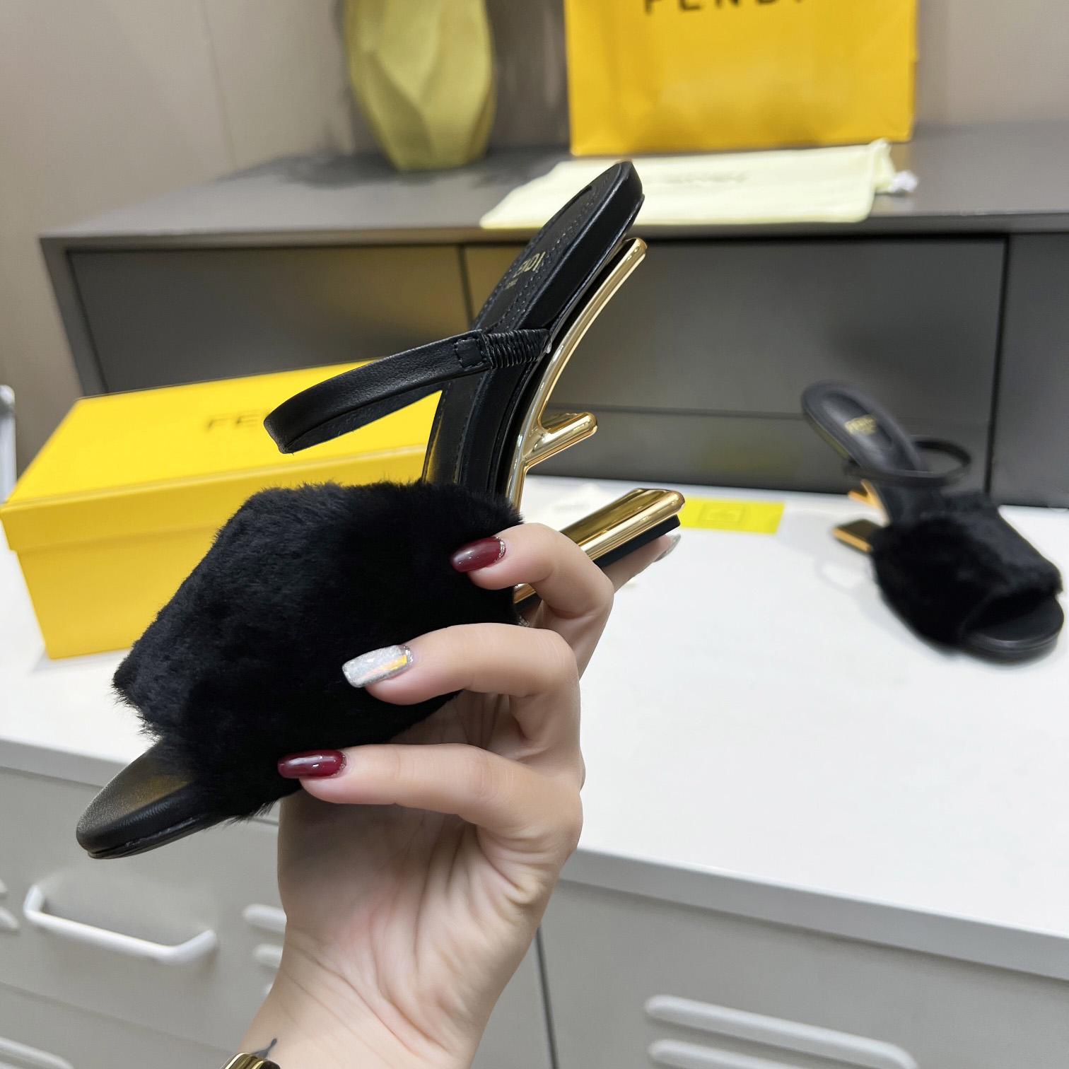 Fendi First Black Mink Medium-Heel Sandals - PerfectKickZ