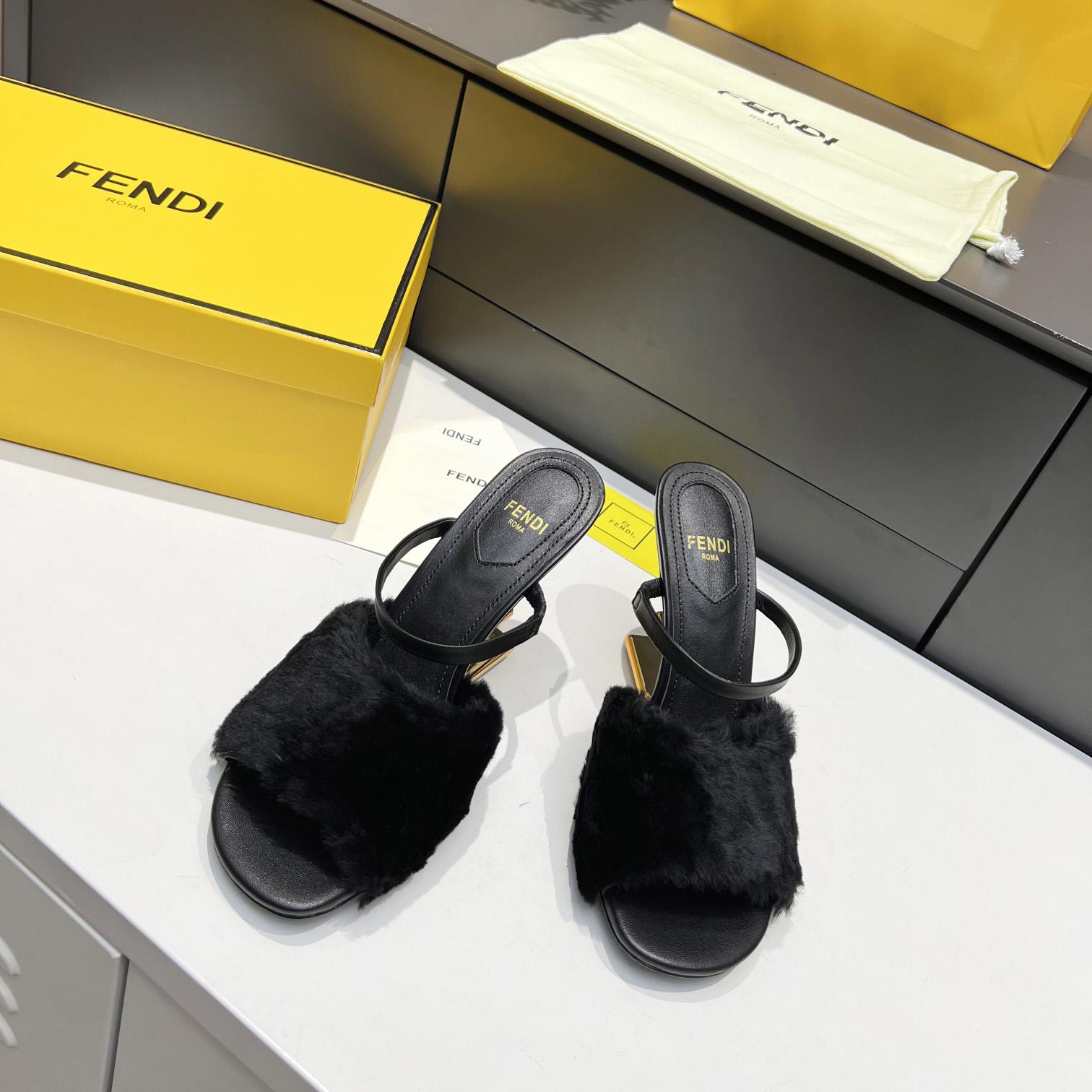 Fendi First Black Mink Medium-Heel Sandals - PerfectKickZ