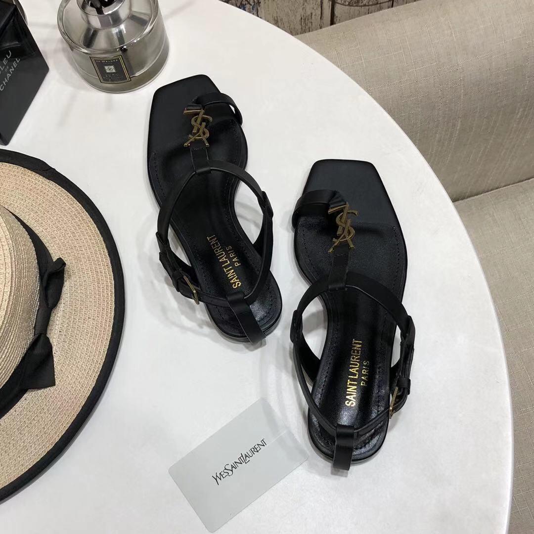 Saint Laurent Cassandra Flat Sandals In Smooth Leather With Gold-Tone Monogram - PerfectKickZ