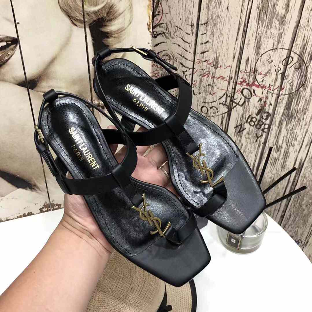 Saint Laurent Cassandra Flat Sandals In Smooth Leather With Gold-Tone Monogram - PerfectKickZ