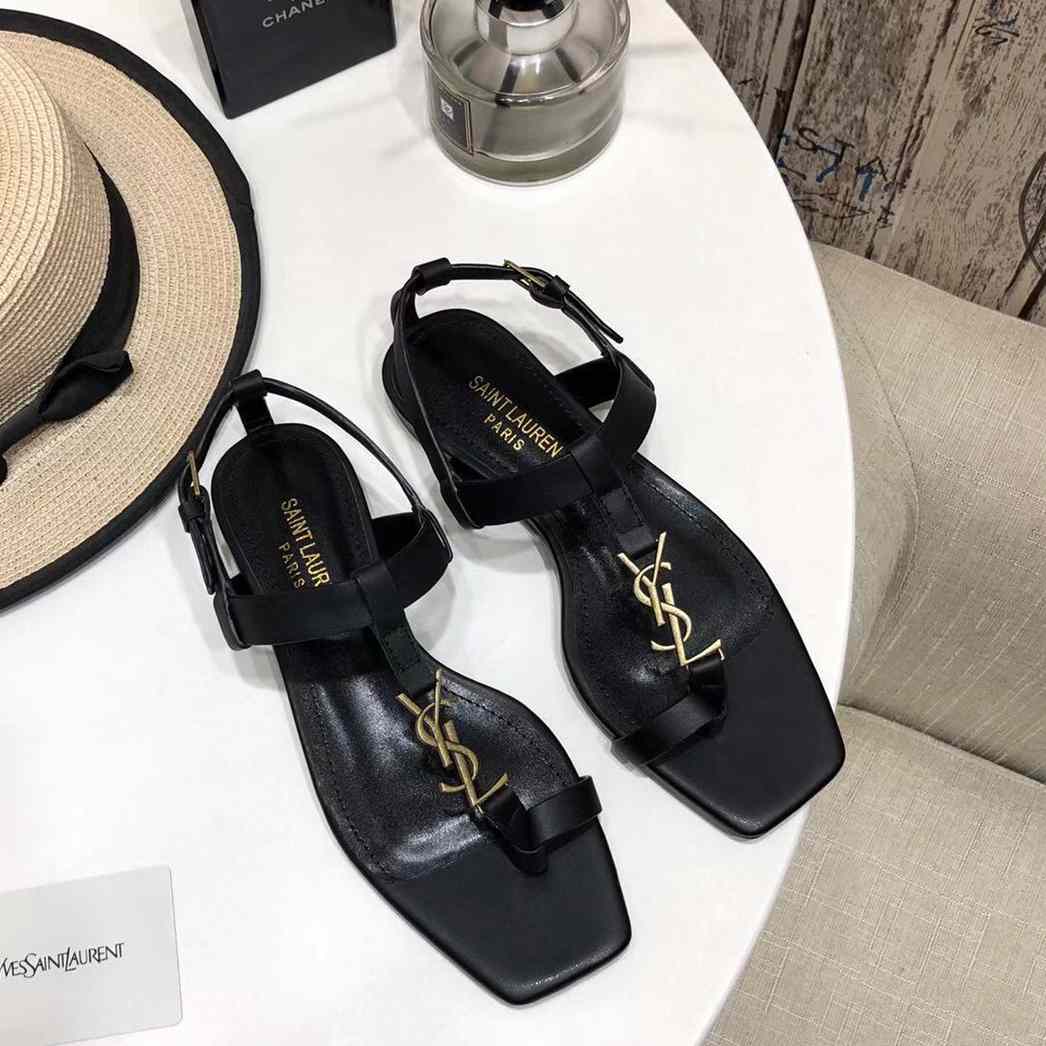 Saint Laurent Cassandra Flat Sandals In Smooth Leather With Gold-Tone Monogram - PerfectKickZ