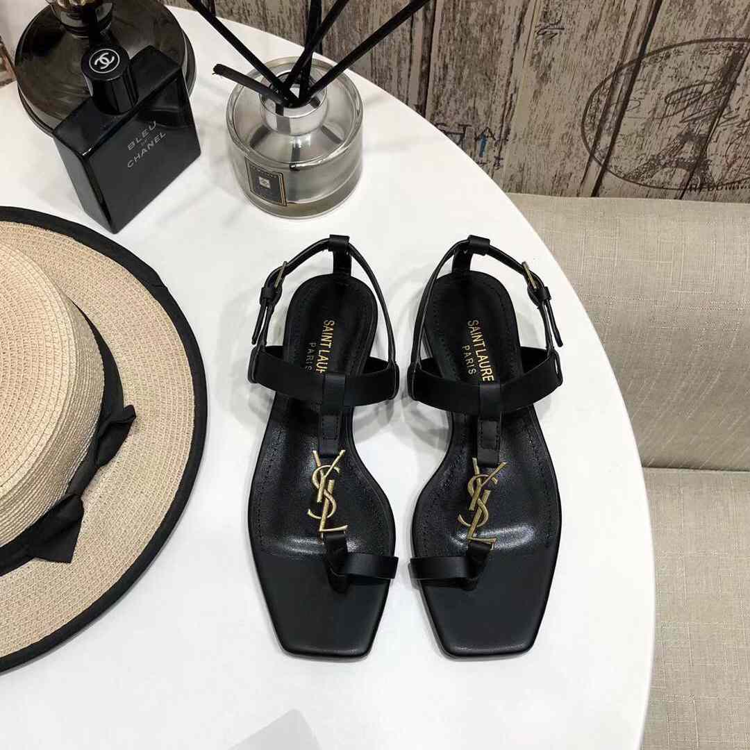 Saint Laurent Cassandra Flat Sandals In Smooth Leather With Gold-Tone Monogram - PerfectKickZ