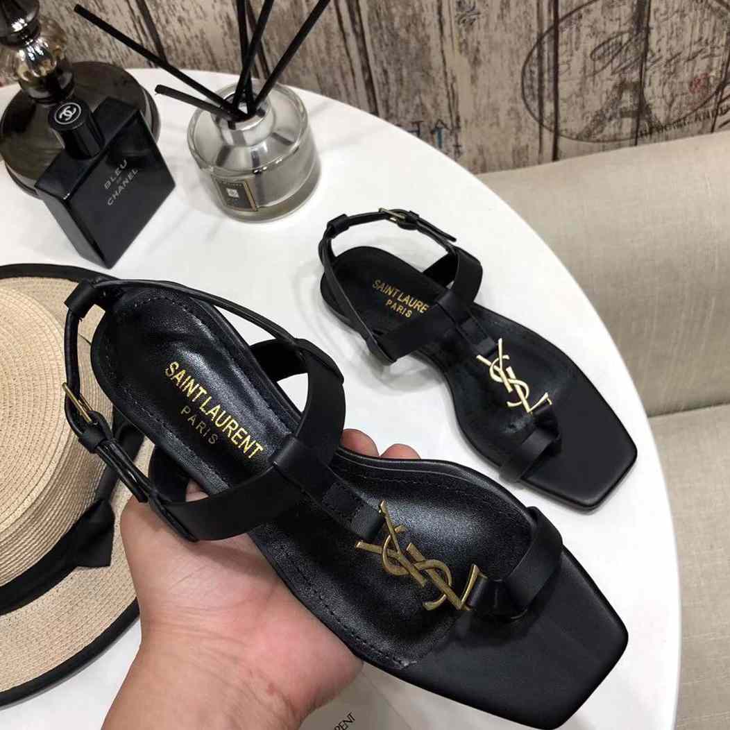 Saint Laurent Cassandra Flat Sandals In Smooth Leather With Gold-Tone Monogram - PerfectKickZ