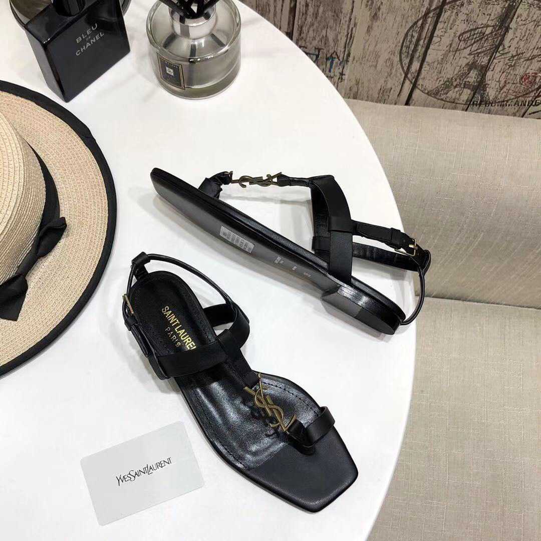 Saint Laurent Cassandra Flat Sandals In Smooth Leather With Gold-Tone Monogram - PerfectKickZ