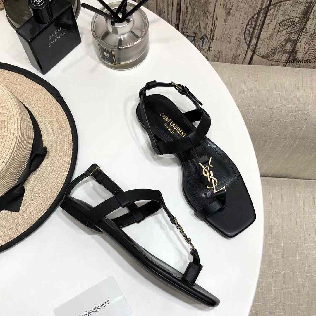Saint Laurent Cassandra Flat Sandals In Smooth Leather With Gold-Tone Monogram - PerfectKickZ
