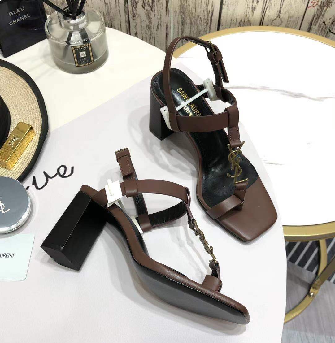 Saint Laurent Cassandra Heeled Sandals In Smooth Leather With Gold-Tone Monogram - PerfectKickZ