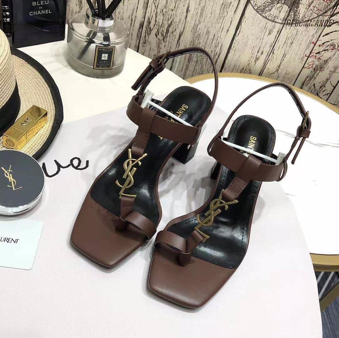Saint Laurent Cassandra Heeled Sandals In Smooth Leather With Gold-Tone Monogram - PerfectKickZ