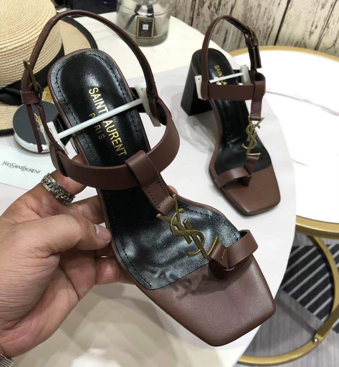Saint Laurent Cassandra Heeled Sandals In Smooth Leather With Gold-Tone Monogram - PerfectKickZ