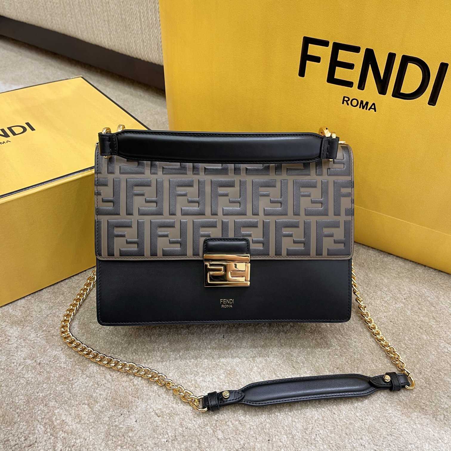 Fendi Kan I Black Leather Bag (25-17-10cm)   - PerfectKickZ