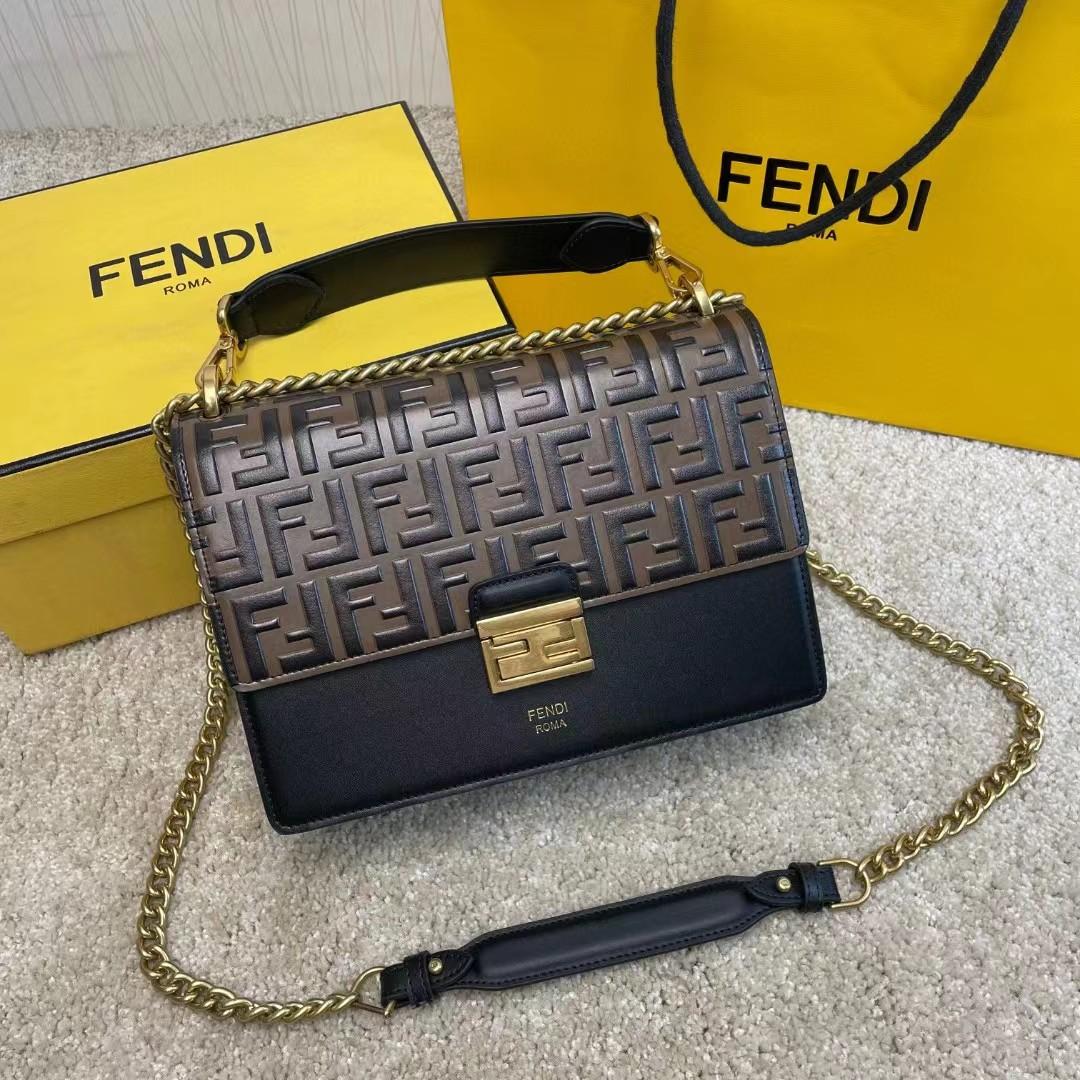 Fendi Kan I Black Leather Bag (25-17-10cm)   - PerfectKickZ