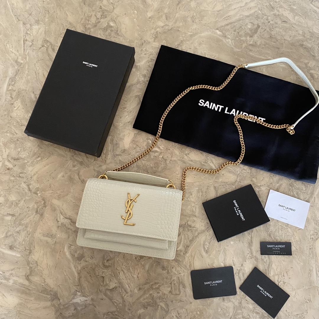 Saint Laurent Sunset Chain Wallet In Crocodile-Embossed Shiny Leather - PerfectKickZ