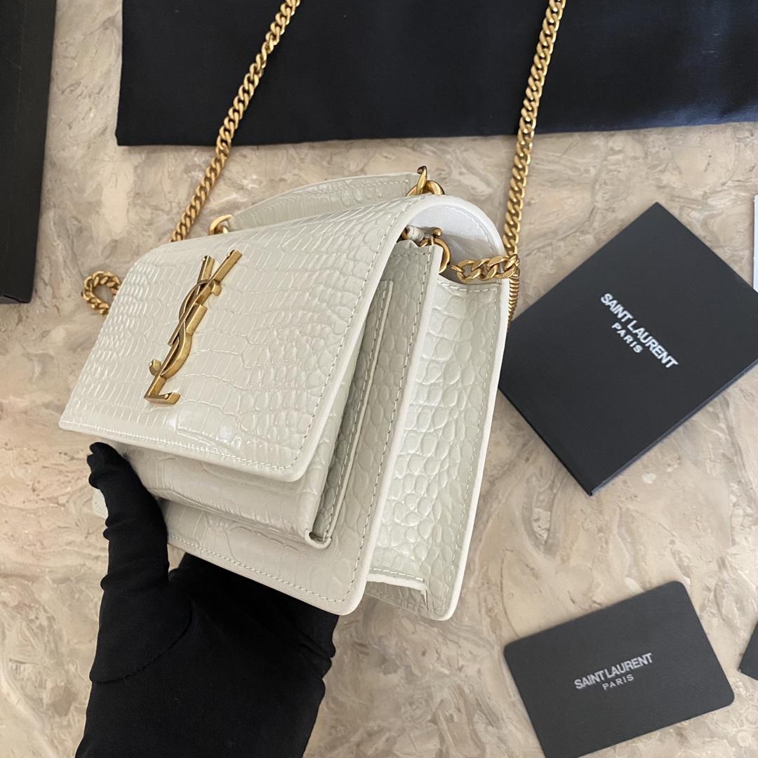 Saint Laurent Sunset Chain Wallet In Crocodile-Embossed Shiny Leather - PerfectKickZ