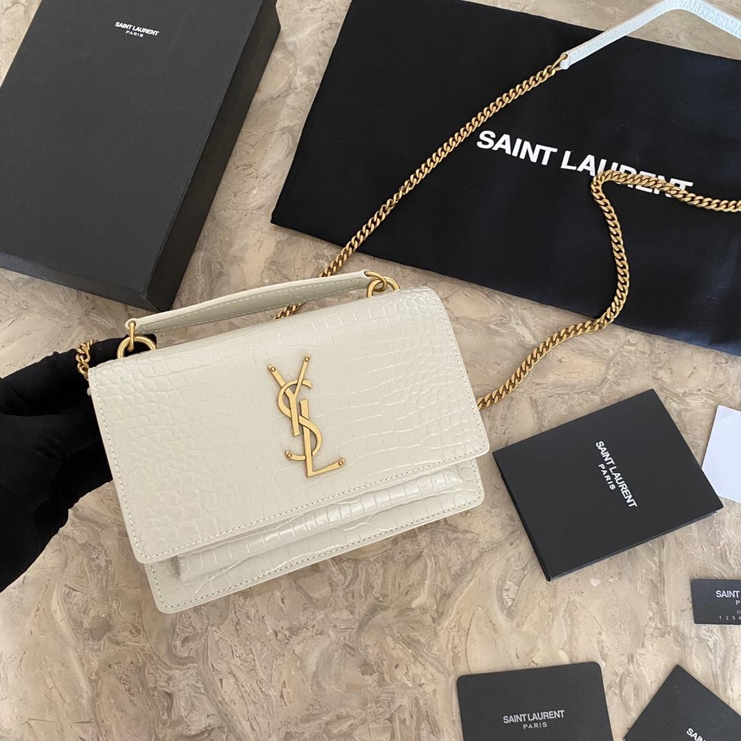 Saint Laurent Sunset Chain Wallet In Crocodile-Embossed Shiny Leather - PerfectKickZ