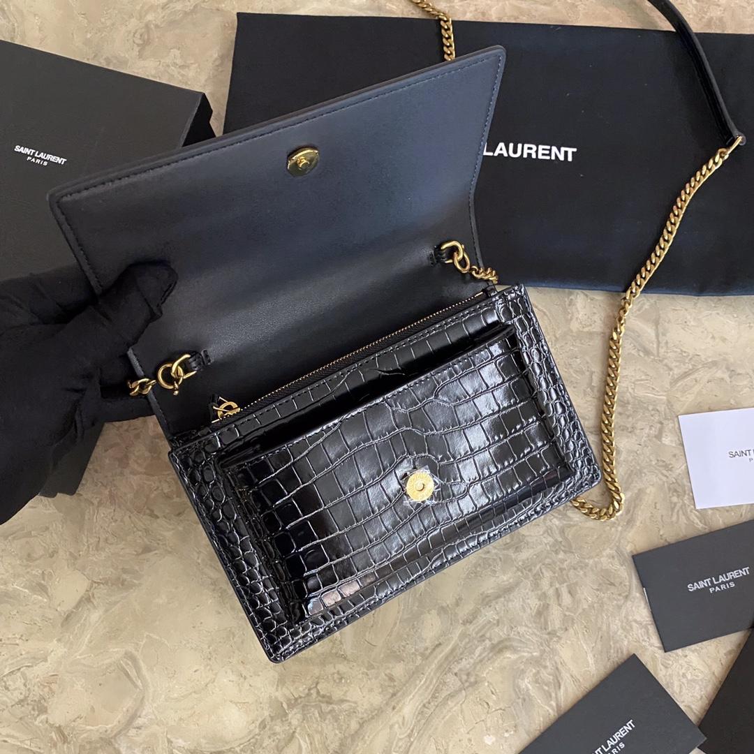 Saint Laurent Sunset Chain Wallet In Crocodile-Embossed Shiny Leather - PerfectKickZ
