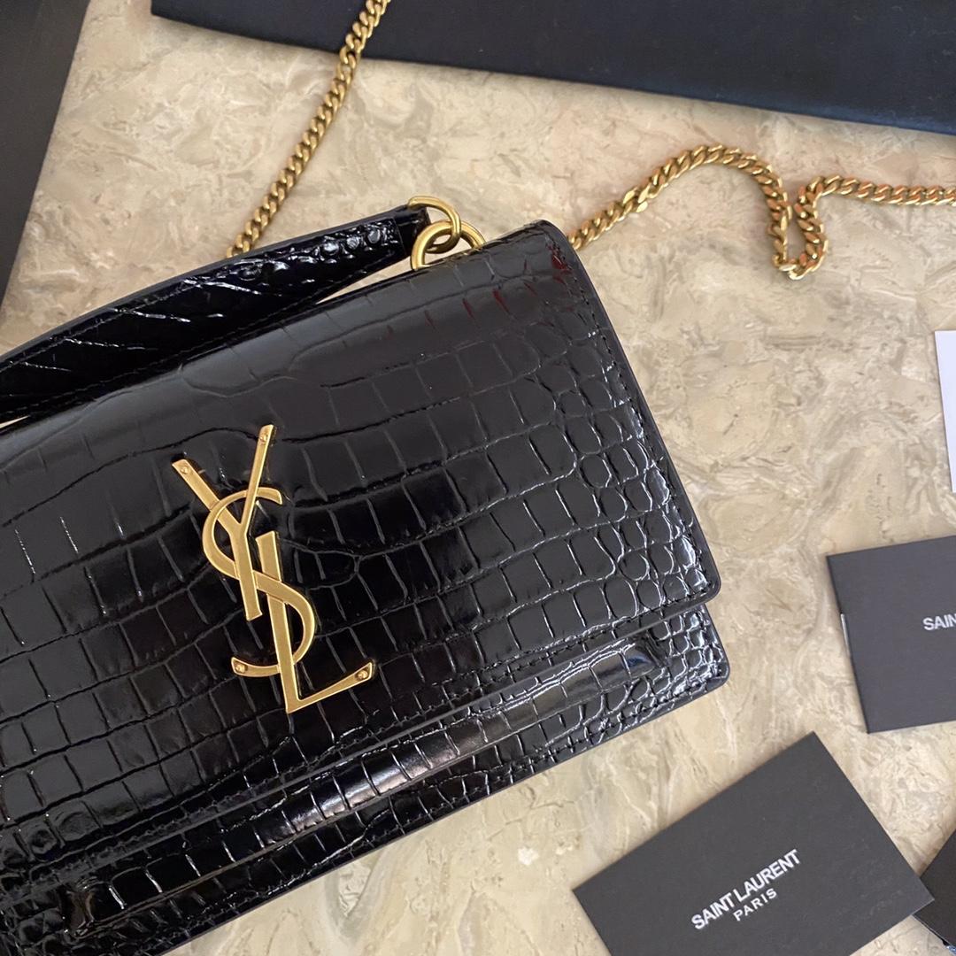 Saint Laurent Sunset Chain Wallet In Crocodile-Embossed Shiny Leather - PerfectKickZ