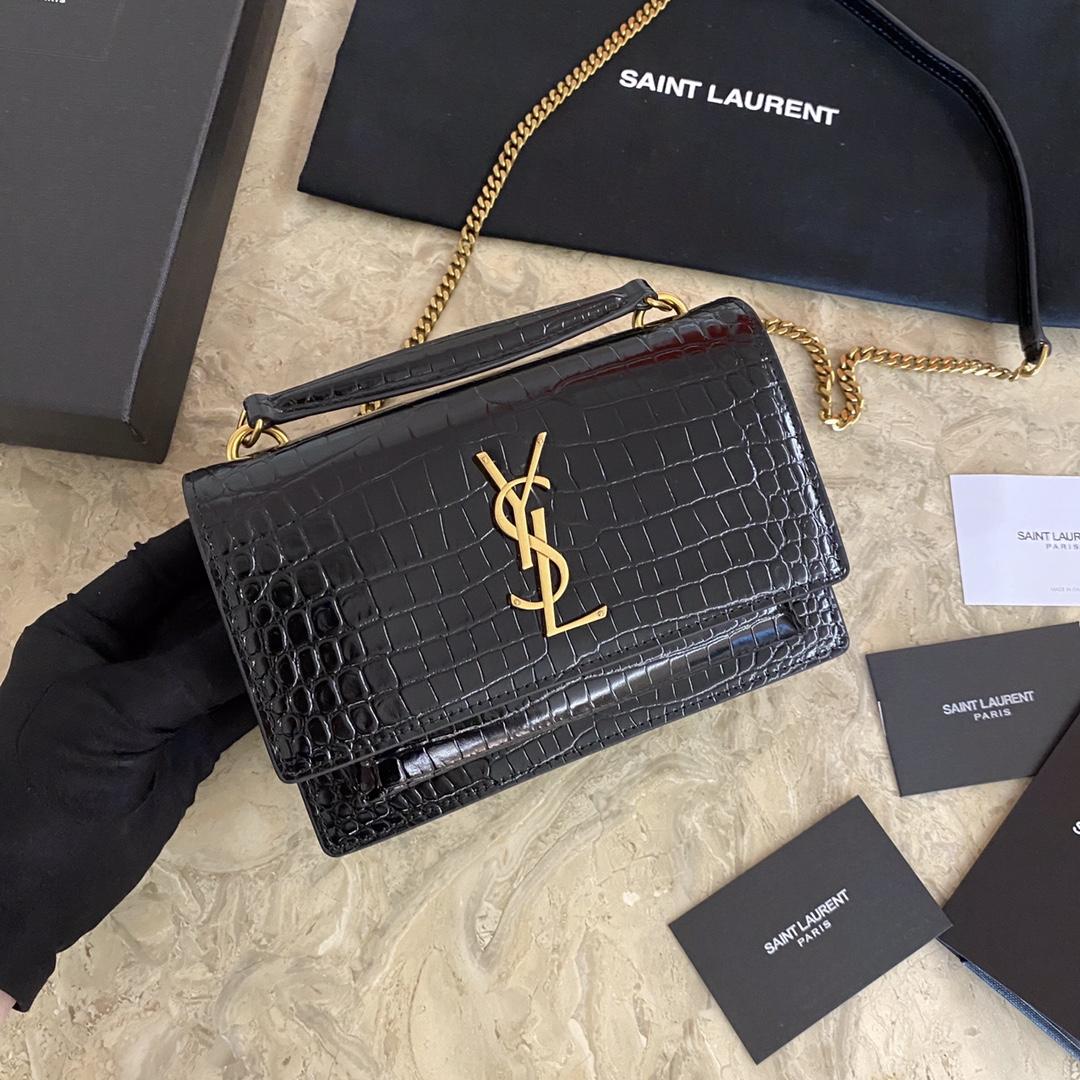 Saint Laurent Sunset Chain Wallet In Crocodile-Embossed Shiny Leather - PerfectKickZ
