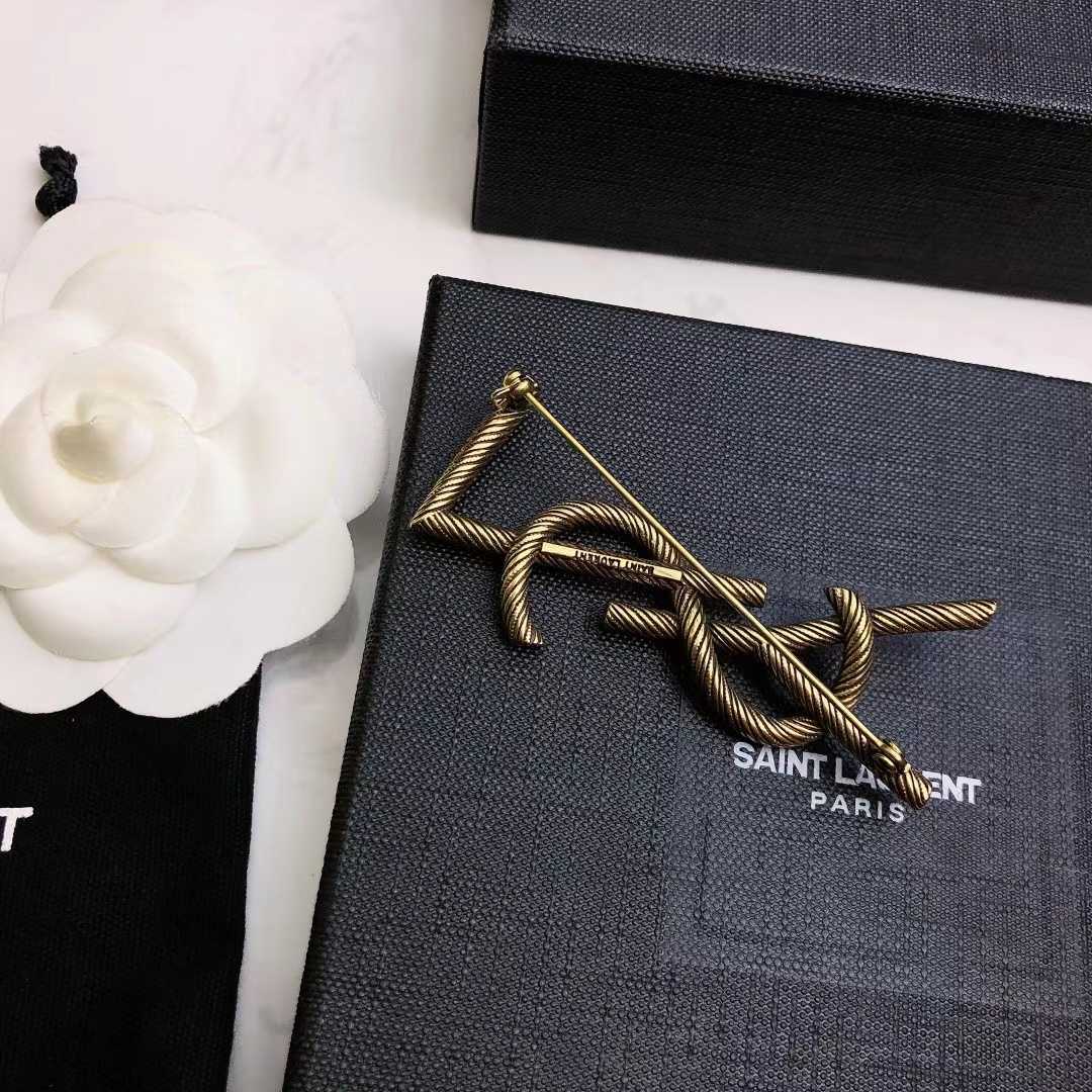Saint Laurent Goldtone YSL Logo Brooch - PerfectKickZ