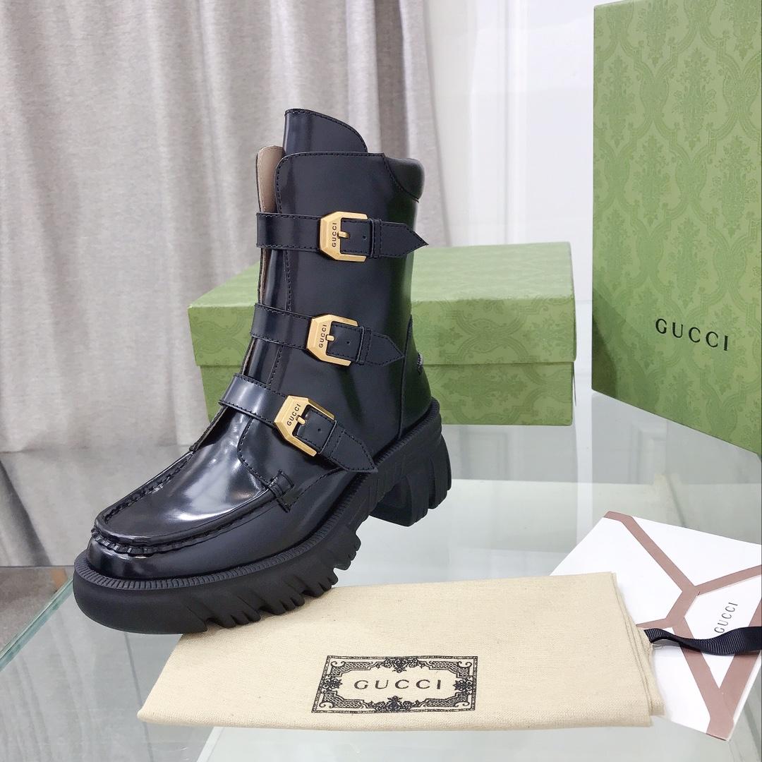 Gucci Women's Black Leather Ankle Boots - PerfectKickZ