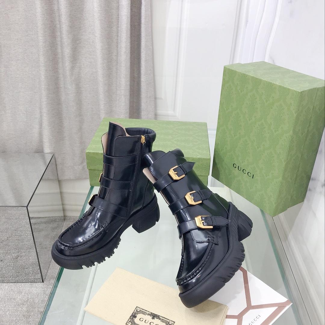Gucci Women's Black Leather Ankle Boots - PerfectKickZ