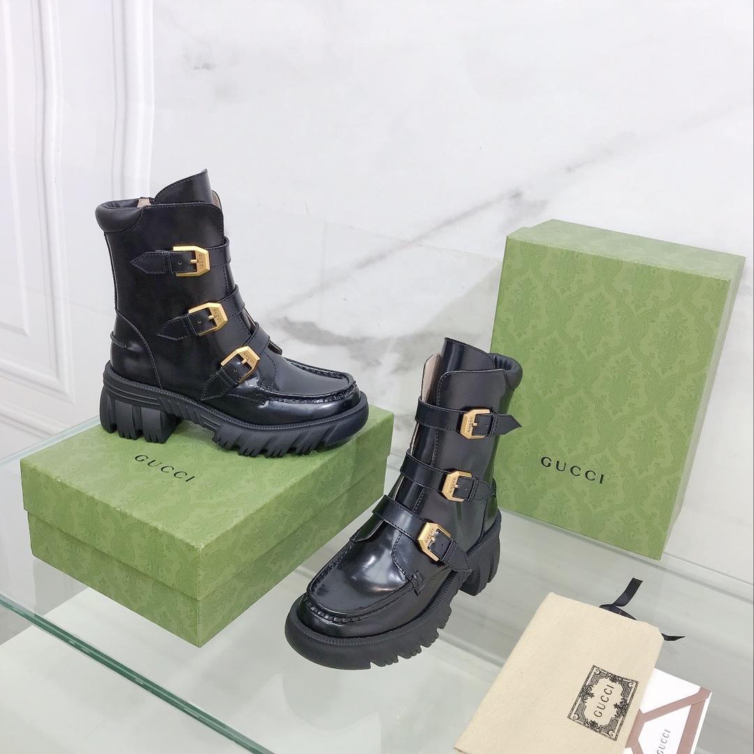 Gucci Women's Black Leather Ankle Boots - PerfectKickZ