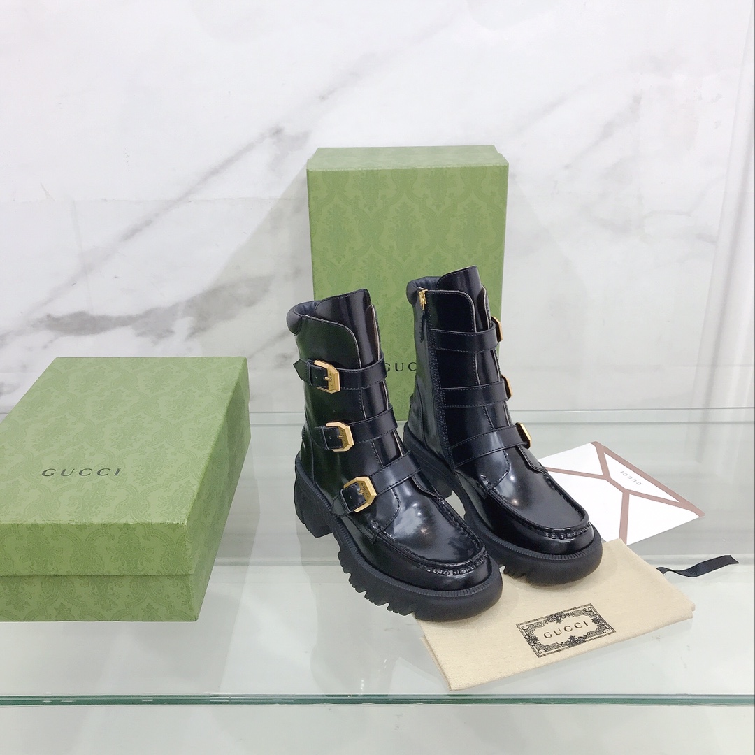 Gucci Women's Black Leather Ankle Boots - PerfectKickZ