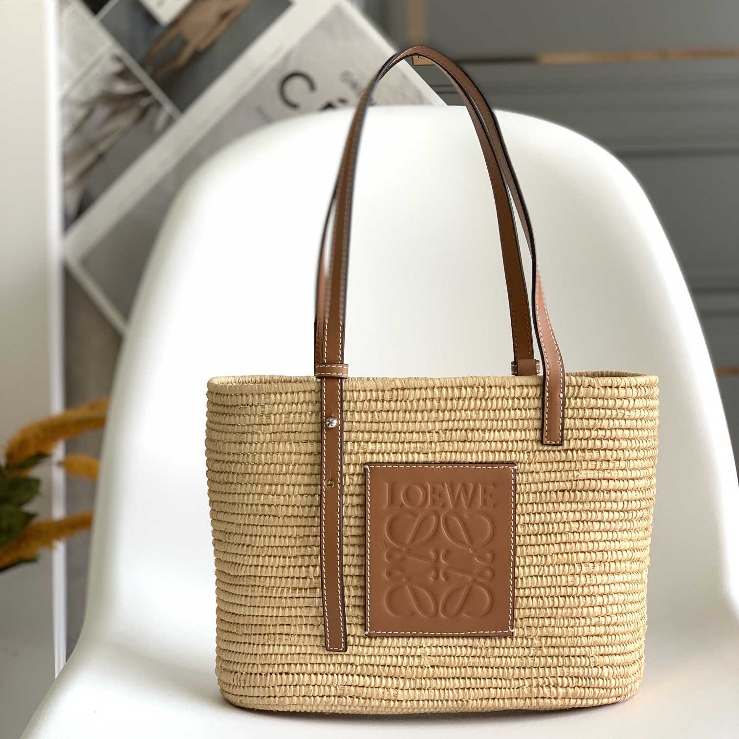 Loewe Small Square Basket bag In Raffia And Calfskin (30*21*11cm) - PerfectKickZ