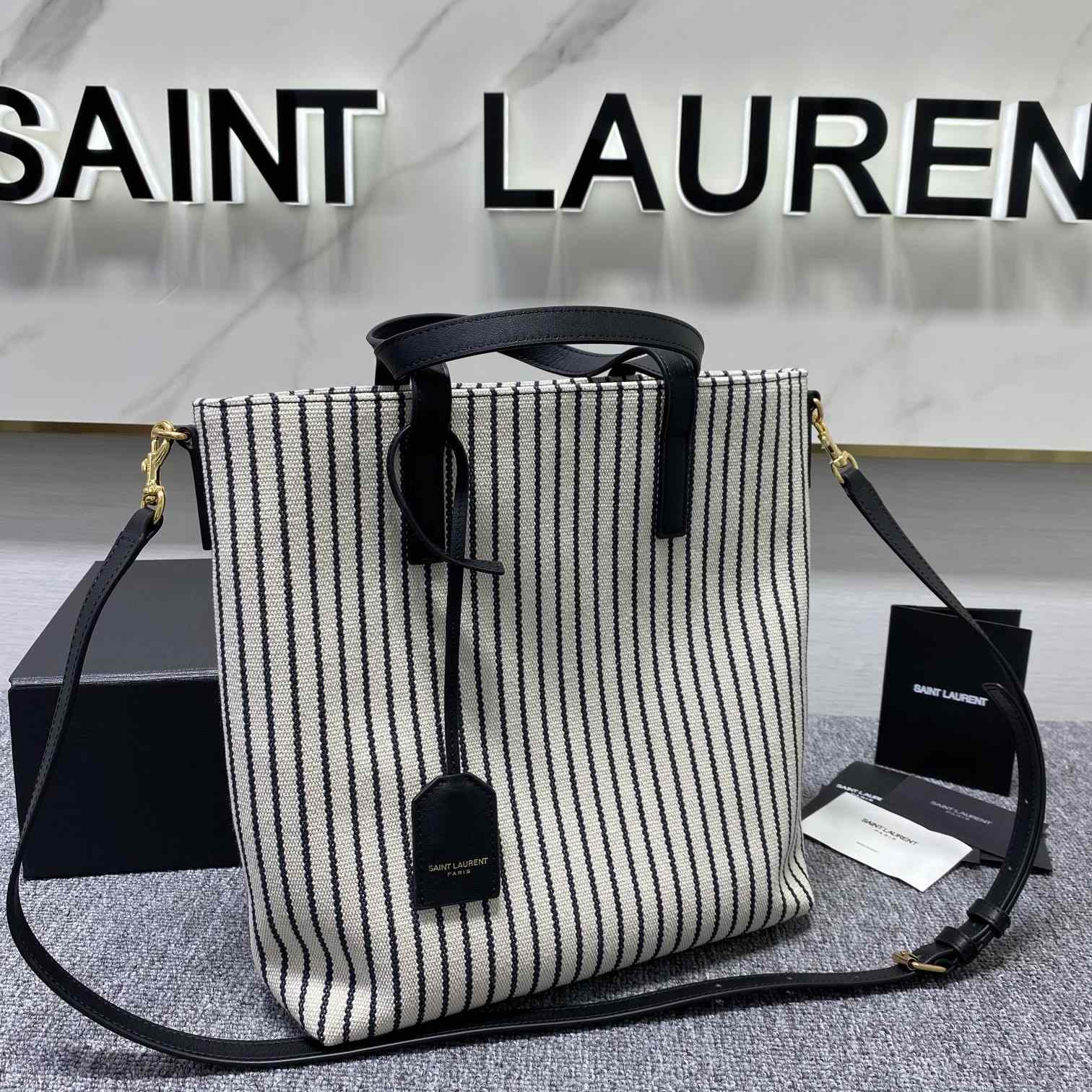 Saint Laurent Shopping Toy Striped Canvas Tote (25x28x8cm) - PerfectKickZ