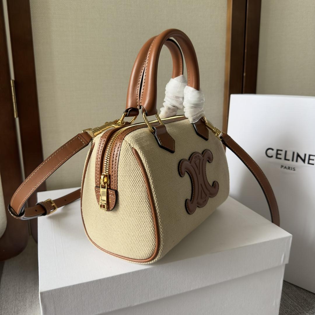 Celine Small Boston Cuir Triomphe In Textile And Calfskin Natural/Tan - PerfectKickZ