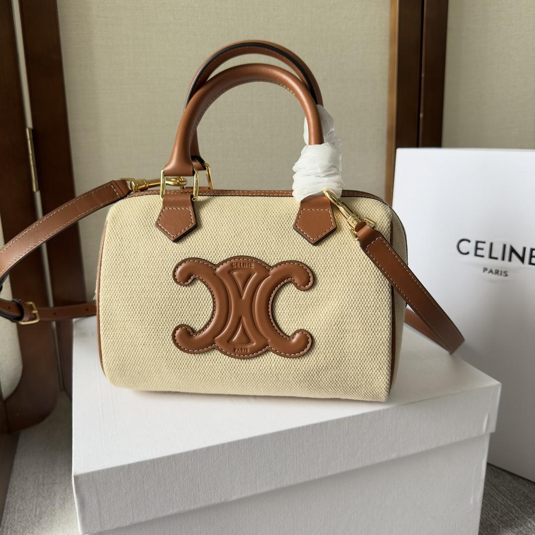 Celine Small Boston Cuir Triomphe In Textile And Calfskin Natural/Tan - PerfectKickZ
