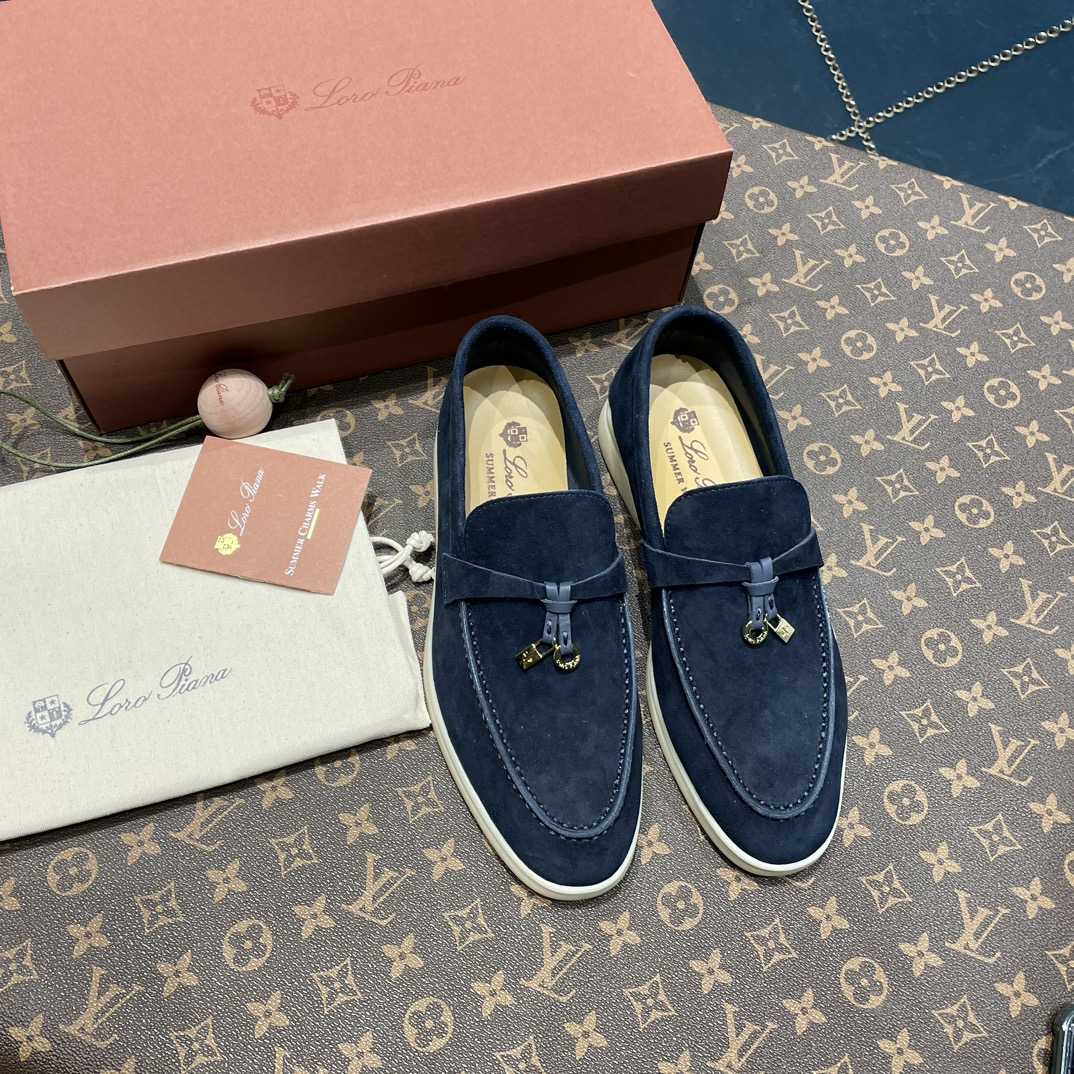 Loro Piana Summer Charms Walk Suede Loafers In Caviar - PerfectKickZ