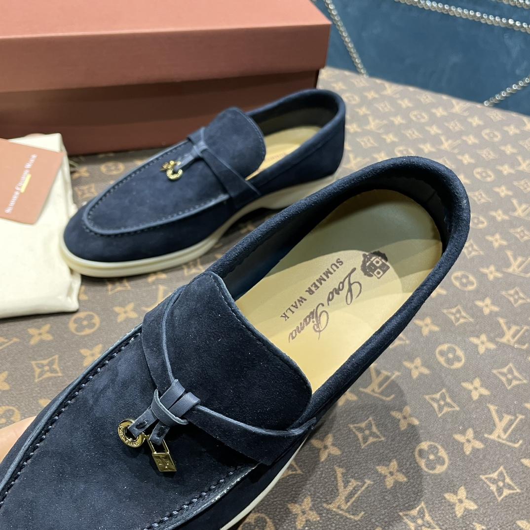 Loro Piana Summer Charms Walk Suede Loafers In Caviar - PerfectKickZ