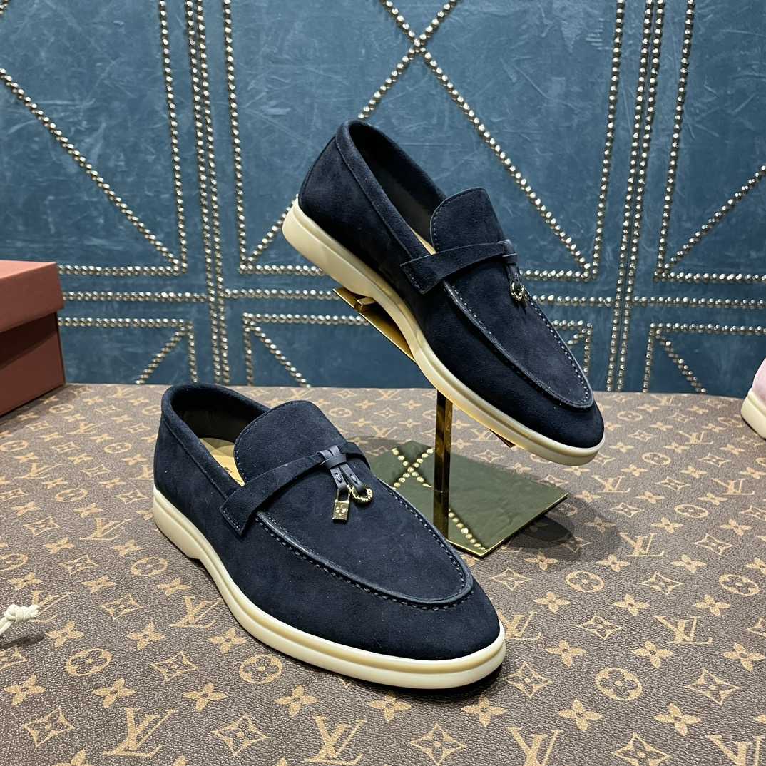 Loro Piana Summer Charms Walk Suede Loafers In Caviar - PerfectKickZ