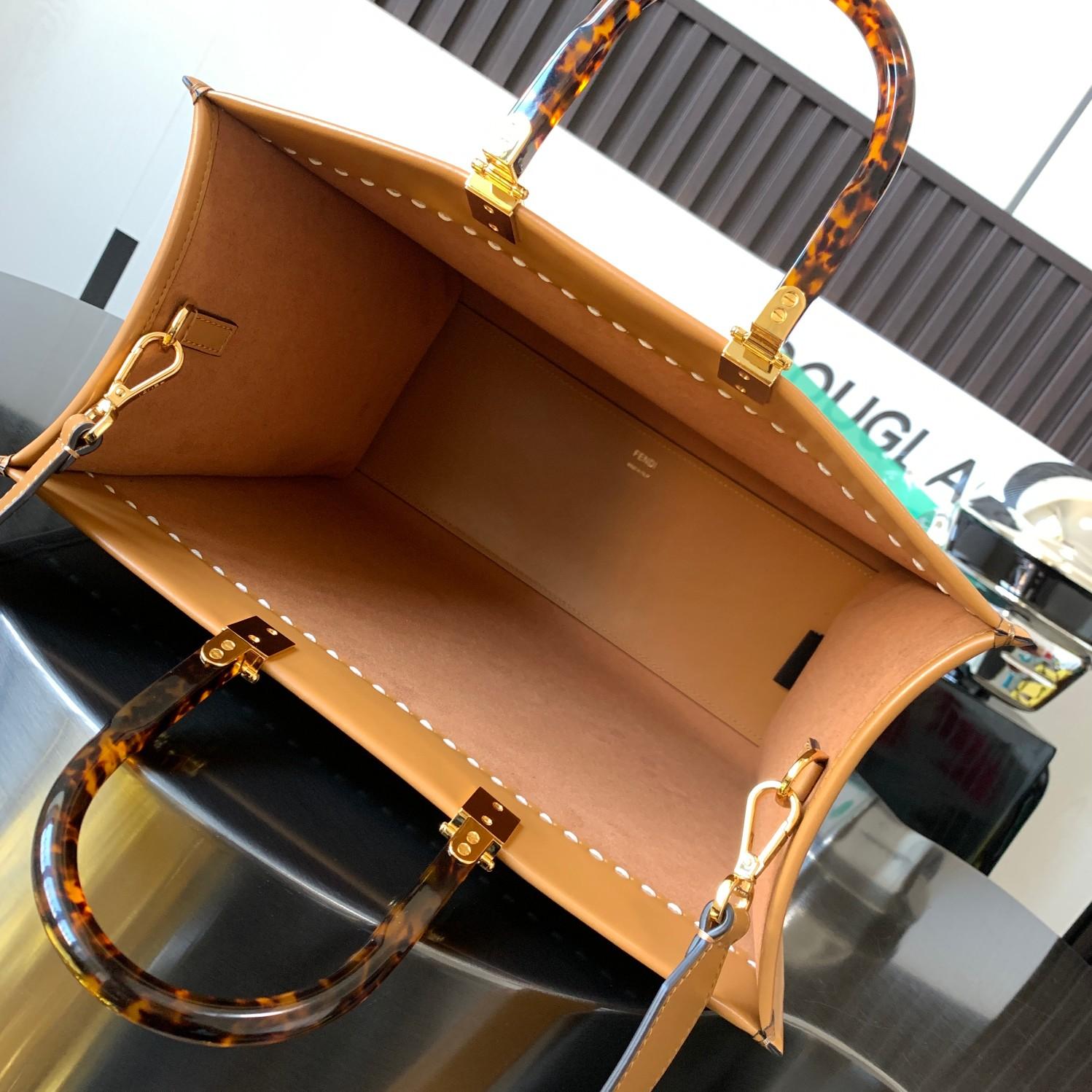 Fendi Sunshine Medium Light Brown Leather And Elaphe Shopper Bag - PerfectKickZ