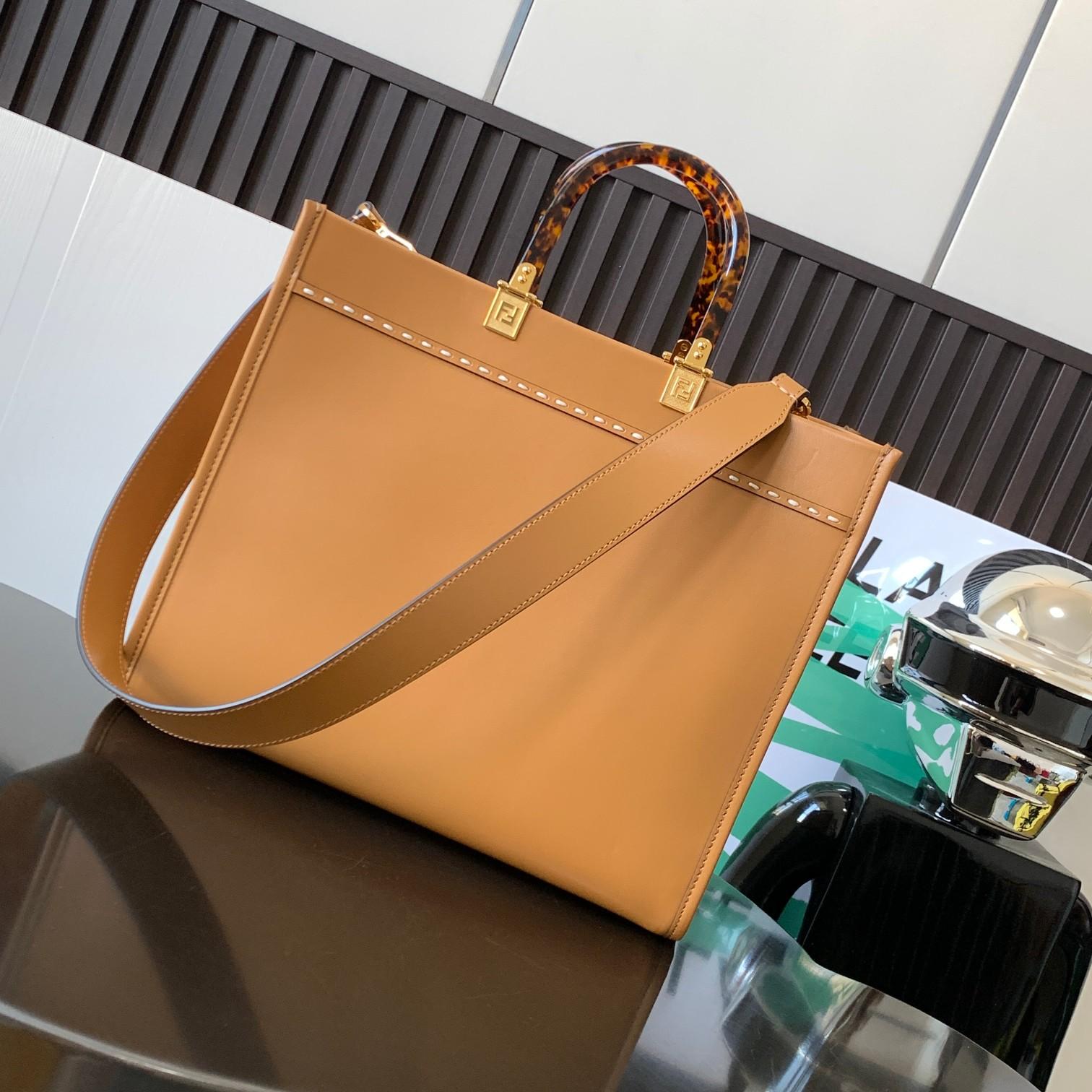 Fendi Sunshine Medium Light Brown Leather And Elaphe Shopper Bag - PerfectKickZ