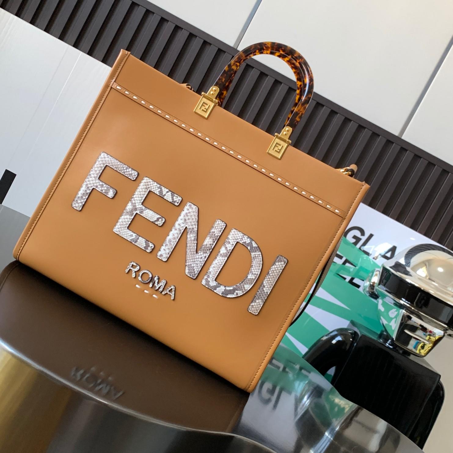 Fendi Sunshine Medium Light Brown Leather And Elaphe Shopper Bag - PerfectKickZ