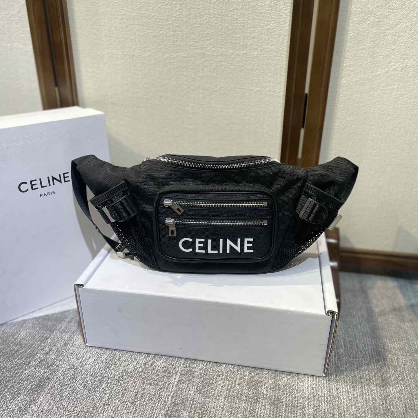 Celine Large Zipped Belt Bag Trekking In Nylon With Celine Print Black - PerfectKickZ