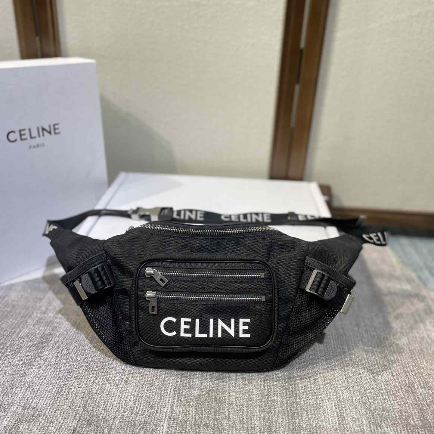 Celine Large Zipped Belt Bag Trekking In Nylon With Celine Print Black - PerfectKickZ
