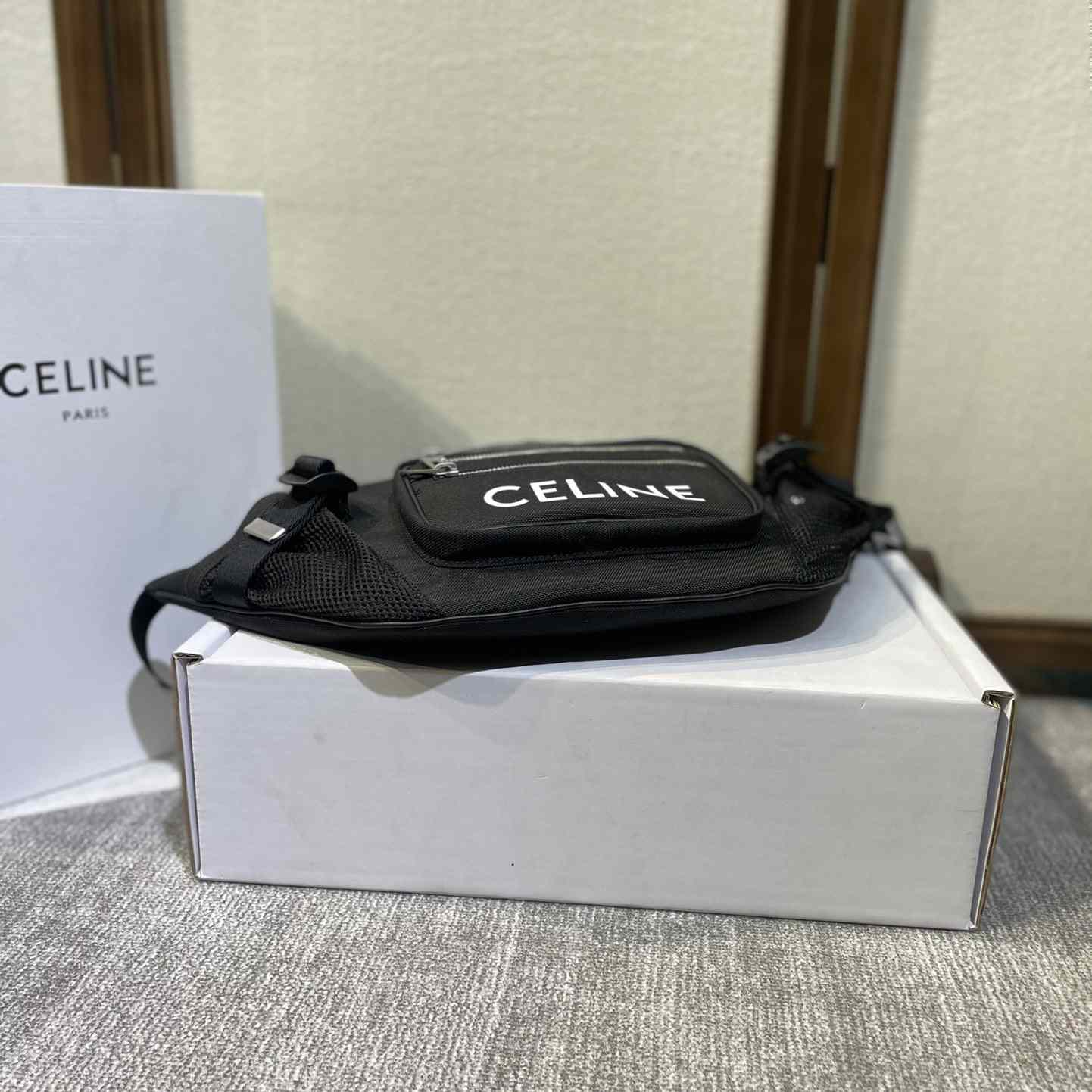 Celine Large Zipped Belt Bag Trekking In Nylon With Celine Print Black - PerfectKickZ