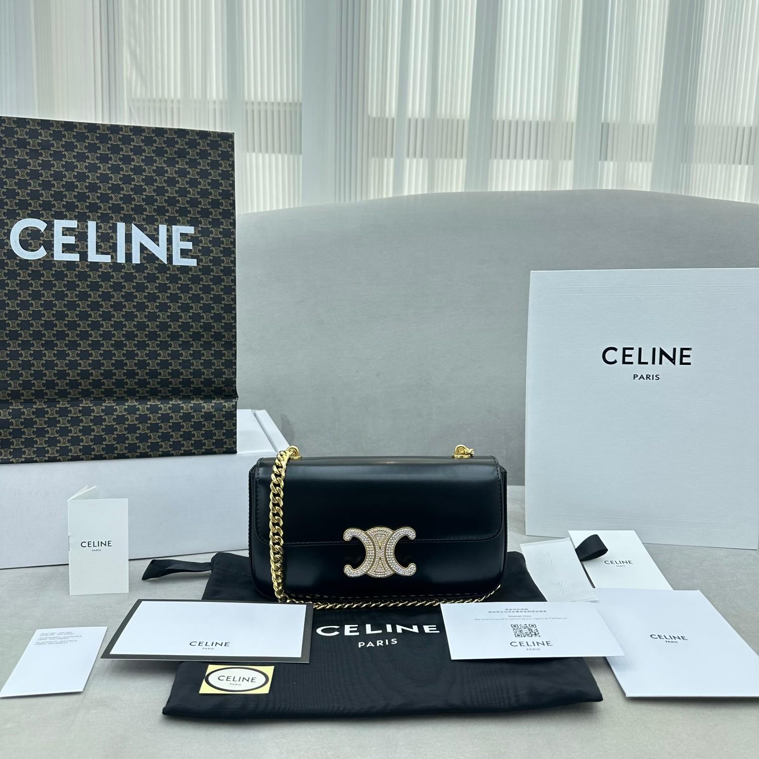 Celine Chain Shoulder Bag Triomphe With Strass Closure In Shiny Calfskin  - 