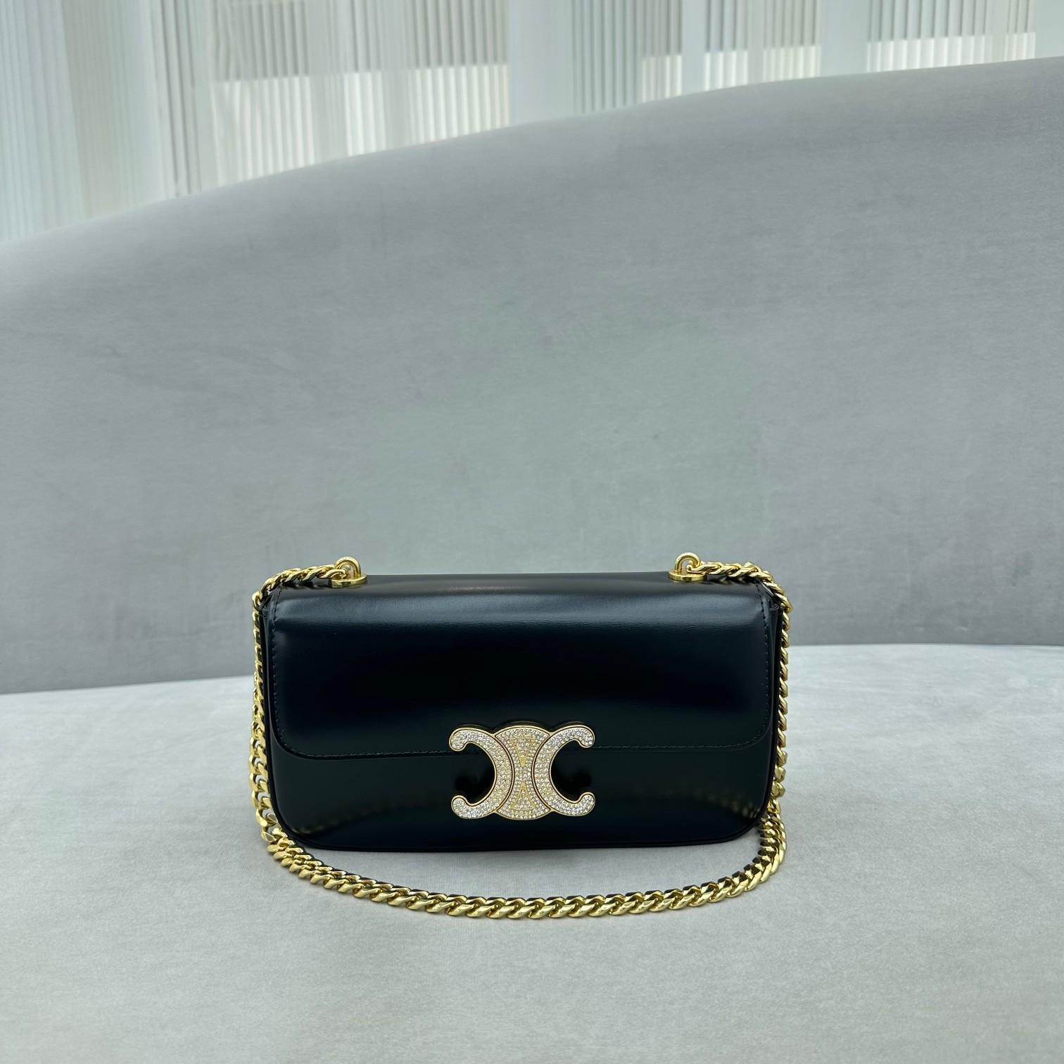 Celine Chain Shoulder Bag Triomphe With Strass Closure In Shiny Calfskin  - PerfectKickZ