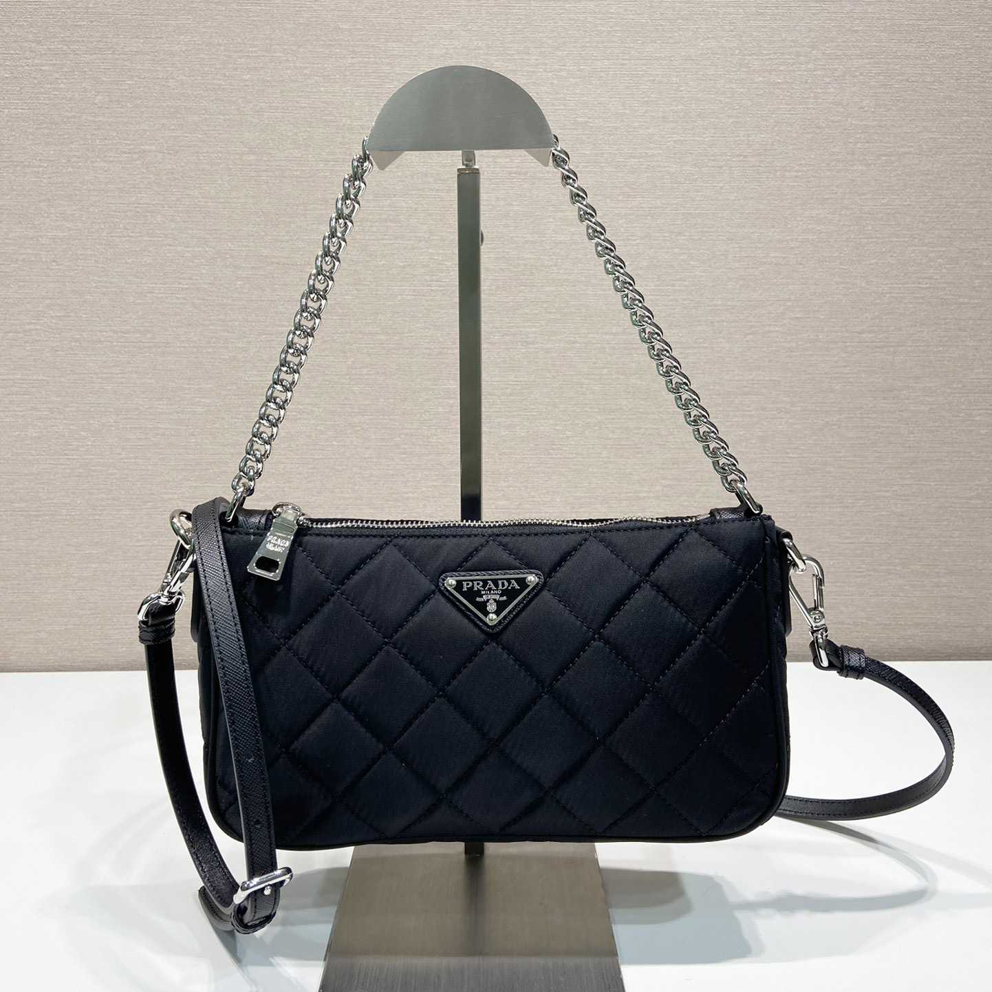 Prada Tessuto Nylon Quilted Chain Convertible Crossbody Bag - PerfectKickZ
