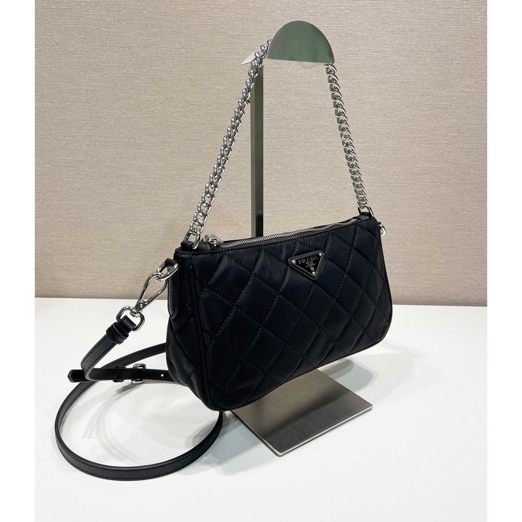 Prada Tessuto Nylon Quilted Chain Convertible Crossbody Bag - 