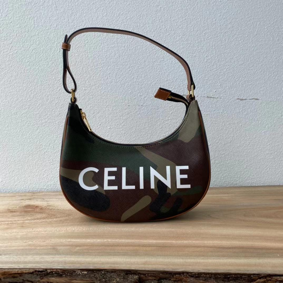 Celine Canvas Calfskin Camouflage Ava Logo Triomphe Shoulder Bag Khaki (24.5-18-7.5cm) - PerfectKickZ