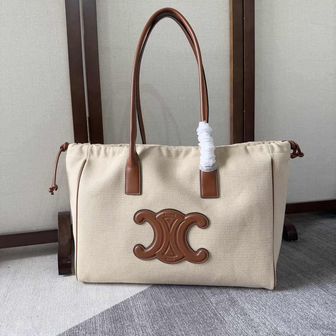 Celine Cabas Drawstring Cuir Triomphe In Textile And Calfskin Natural / Tan - PerfectKickZ