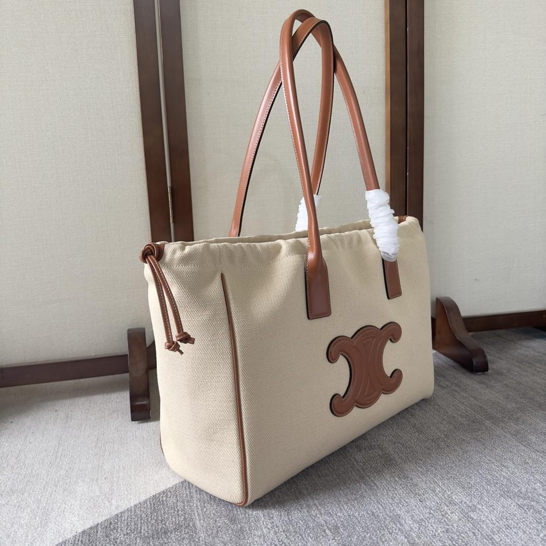Celine Cabas Drawstring Cuir Triomphe In Textile And Calfskin Natural / Tan - PerfectKickZ