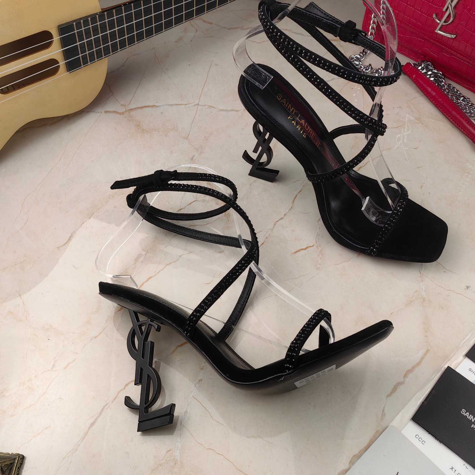 Saint Laurent Opyum Sandals In Crepe Satin And Rhinestones  - 