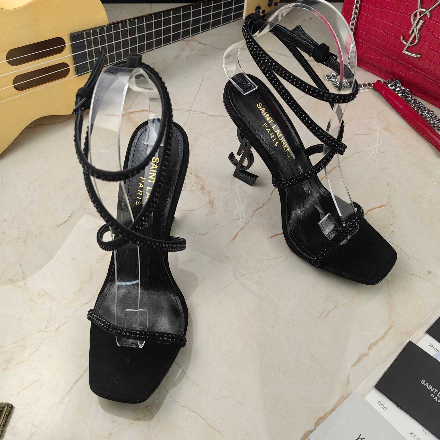 Saint Laurent Opyum Sandals In Crepe Satin And Rhinestones  - 