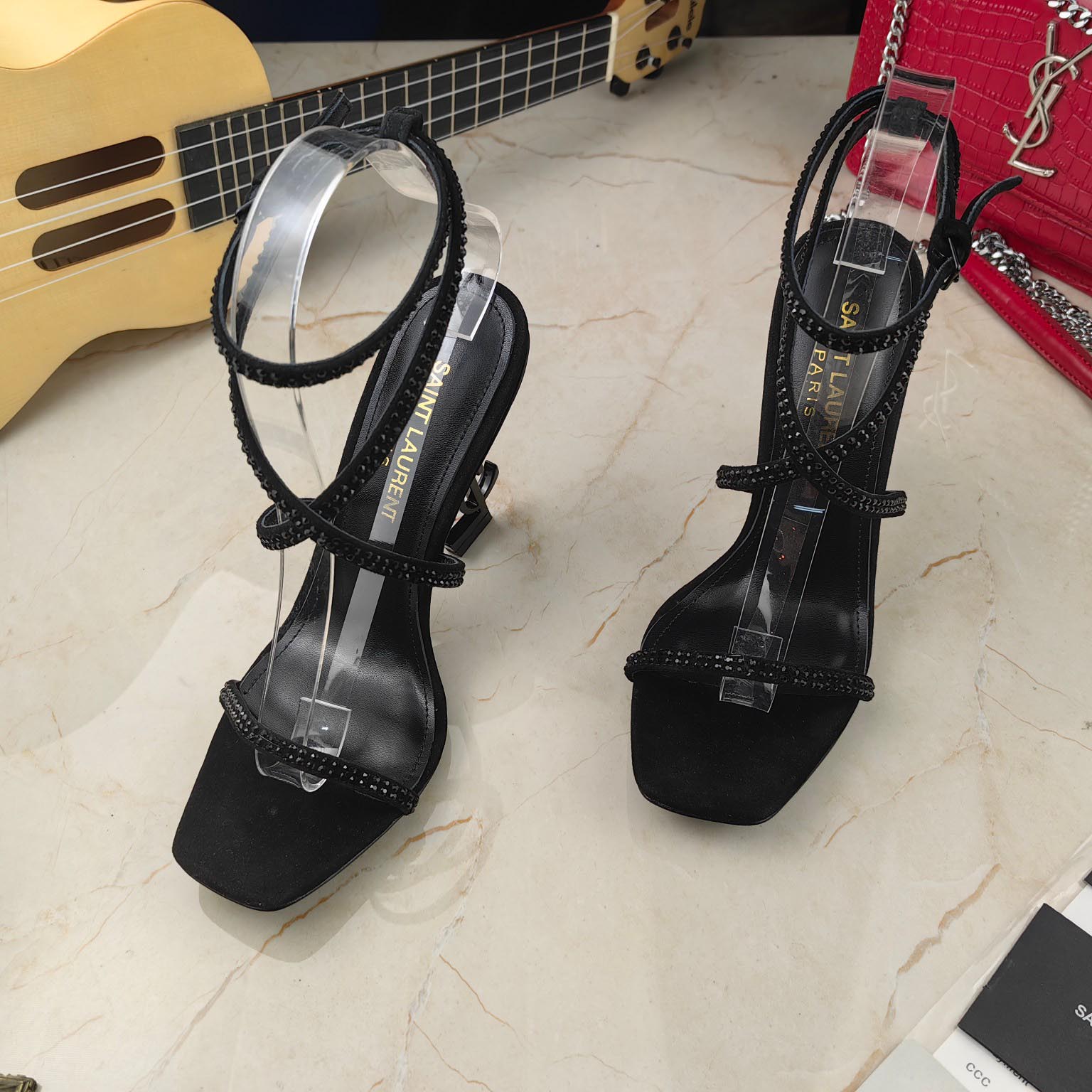 Saint Laurent Opyum Sandals In Crepe Satin And Rhinestones  - 