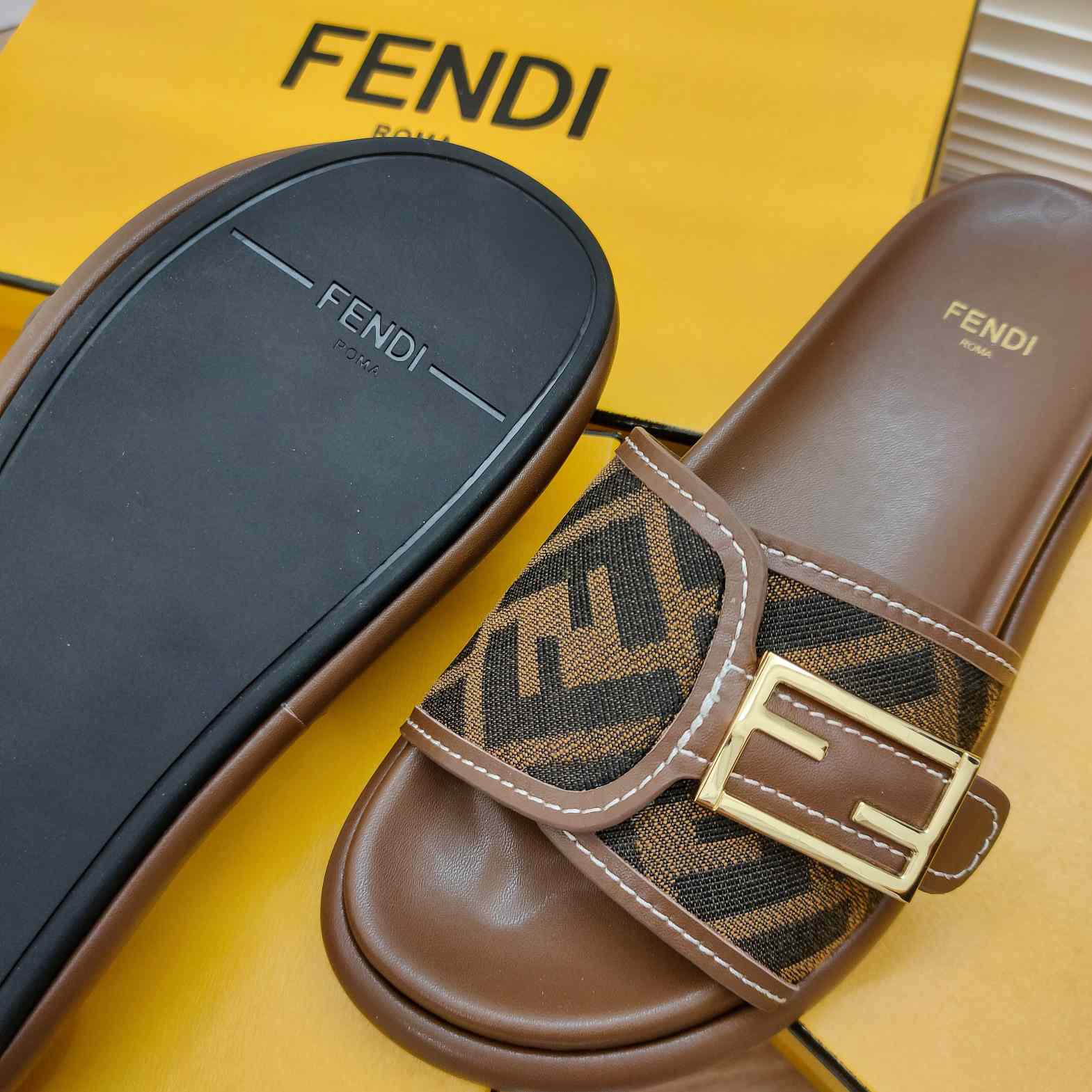 Fendi Feel Brown Fabric Slides - PerfectKickZ