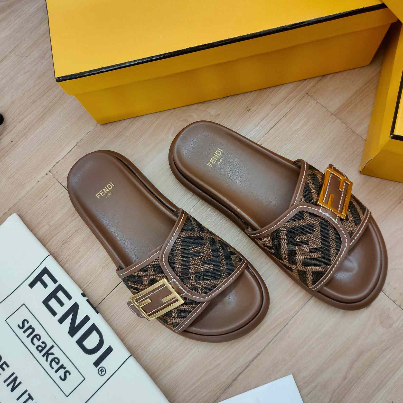 Fendi Feel Brown Fabric Slides - PerfectKickZ